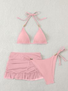 SHEIN Swim 女款夏季性感純色V領掛脖綁帶比基尼三件套，附外罩衫 - 粉色 - 查看 2