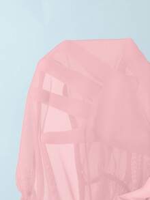 SHEIN Swim 女款夏季性感純色V領掛脖綁帶比基尼三件套，附外罩衫 - 粉色 - 查看 6