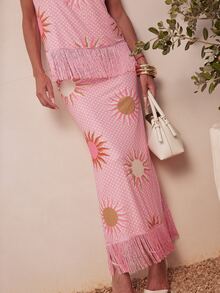 Dancing Leopard Rok Maxi Rumbai Motif Matahari Merah Muda, Pakaian Liburan/Rekreasi Gaya Boho - Berwarna merah muda - View 3