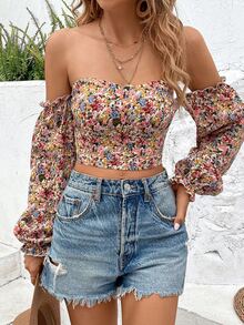 Trelyra Off Shoulder Ditsy Floral Ruffle Lantern Sleeve Cropped Blouse Fall Cloth For Women - Multicolor - View 5