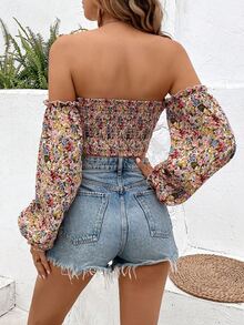 Trelyra Off Shoulder Ditsy Floral Ruffle Lantern Sleeve Cropped Blouse Fall Cloth For Women - Multicolor - View 3