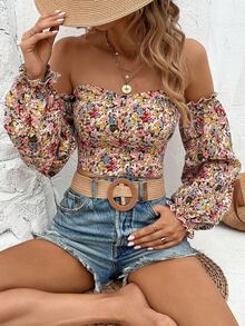 Trelyra Off Shoulder Ditsy Floral Ruffle Lantern Sleeve Cropped Blouse Fall Cloth For Women - Multicolor - View 8