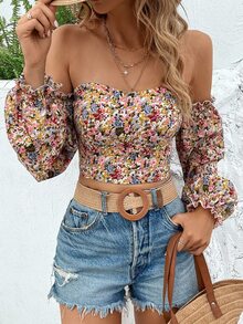 Trelyra Off Shoulder Ditsy Floral Ruffle Lantern Sleeve Cropped Blouse Fall Cloth For Women - Multicolor - View 4