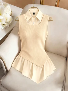 Rafferiza Beige Summer Chic Everyday Back-To-School Knit Patchwork Woven T-Shirt,Slim Cute Minimalist Commuting Versatile Daily Gathering - Apricot - View 4