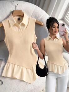 Rafferiza Beige Summer Chic Everyday Back-To-School Knit Patchwork Woven T-Shirt,Slim Cute Minimalist Commuting Versatile Daily Gathering - Apricot - View 1