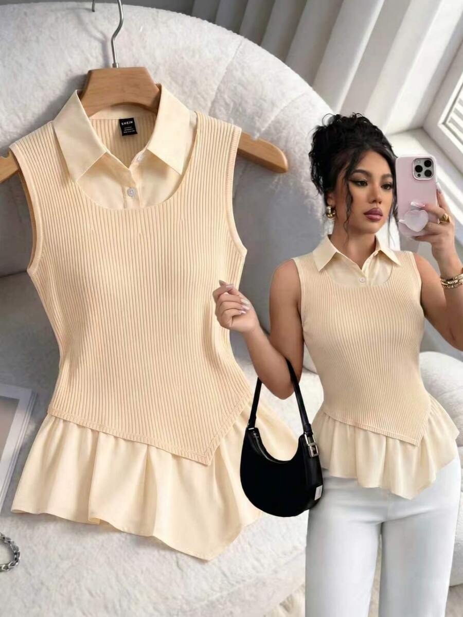 Rafferiza Beige Summer Chic Everyday Back-To-School Knit Patchwork Woven T-Shirt,Slim Cute Minimalist Commuting Versatile Daily Gathering - Apricot - View 1