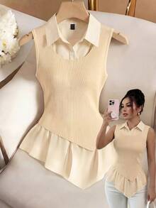 Rafferiza Beige Summer Chic Everyday Back-To-School Knit Patchwork Woven T-Shirt,Slim Cute Minimalist Commuting Versatile Daily Gathering - Apricot - View 3