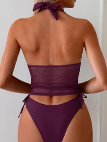 Swim Chiccia Women's Beach Vacation Casual Halter Tankini Swimwear Set - Burgundy - View 2