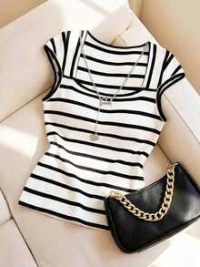 SHEIN Raffinéa French Minimalist Fitted Striped Knit Tee, Casual Short Sleeve Top, Great For Parties, Spring/Summer - Black and White - View 4