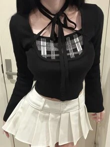 FRIFUL Women's Autumn Plaid Sweater With Tie Neckline - Black - View 5