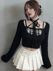 FRIFUL Women's Autumn Plaid Sweater With Tie Neckline - Black - View 1