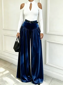 Elenzga 法式垂墜寬腿長褲，顯瘦天鵝絨優雅通勤休閒女款長褲 - 藏蓝色 - 查看 1