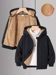 SHEIN 兒童青少年男孩休閒保暖內裡加厚寬鬆連帽外套，冬季外套，男孩服飾，基礎上衣，適合秋冬季節，校園穿著 - 黑色 - 查看 2