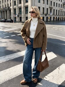 Struktiv Women's Autumn/Winter Fashion Asymmetric Placket Design Loose Fit Solid Color Versatile Wool Blend Coat Suitable For Daily Wear, Commuting, Dating And Shopping - Khaki - View 8