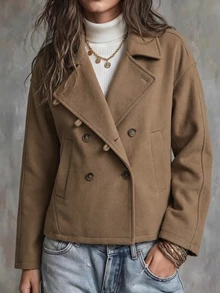 Struktiv Women's Autumn/Winter Fashion Asymmetric Placket Design Loose Fit Solid Color Versatile Wool Blend Coat Suitable For Daily Wear, Commuting, Dating And Shopping - Khaki - View 1