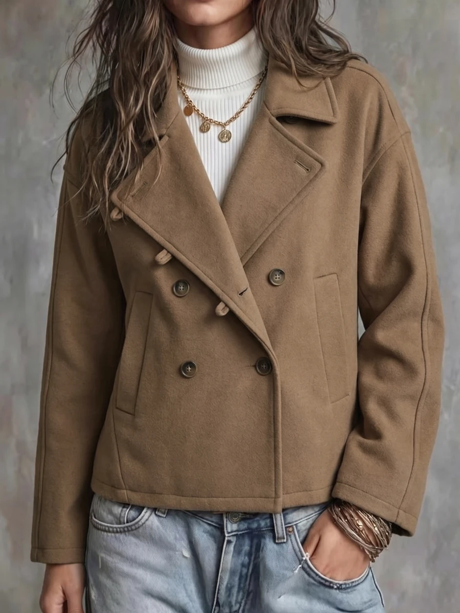 Struktiv Women's Autumn/Winter Fashion Asymmetric Placket Design Loose Fit Solid Color Versatile Wool Blend Coat Suitable For Daily Wear, Commuting, Dating And Shopping - Khaki - View 1