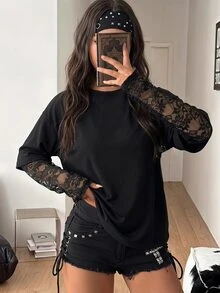 SHEIN Sparklyn قميص أسود كاجوال بأكمام طويلة للفتيات المراهقات، يتميز بطبعة نمر على الواجهة. أسلوب حلو وجريء، بسيط وعصري - الأسود - مشاهدة 1