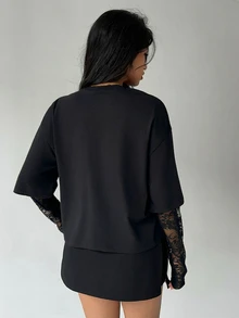 SHEIN Sparklyn قميص أسود كاجوال بأكمام طويلة للفتيات المراهقات، يتميز بطبعة نمر على الواجهة. أسلوب حلو وجريء، بسيط وعصري - الأسود - مشاهدة 2