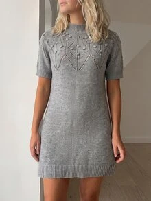 SHEIN LUNE Women's Solid Color Half-High Neck Hollow Design Short Sleeve Soft Lazy Style Dress Brunch Light Grey Fall Casual Everyday Date - Grey - View 3