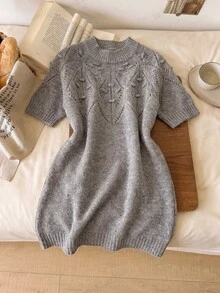 SHEIN LUNE Women's Solid Color Half-High Neck Hollow Design Short Sleeve Soft Lazy Style Dress Brunch Light Grey Fall Casual Everyday Date - Grey - View 1