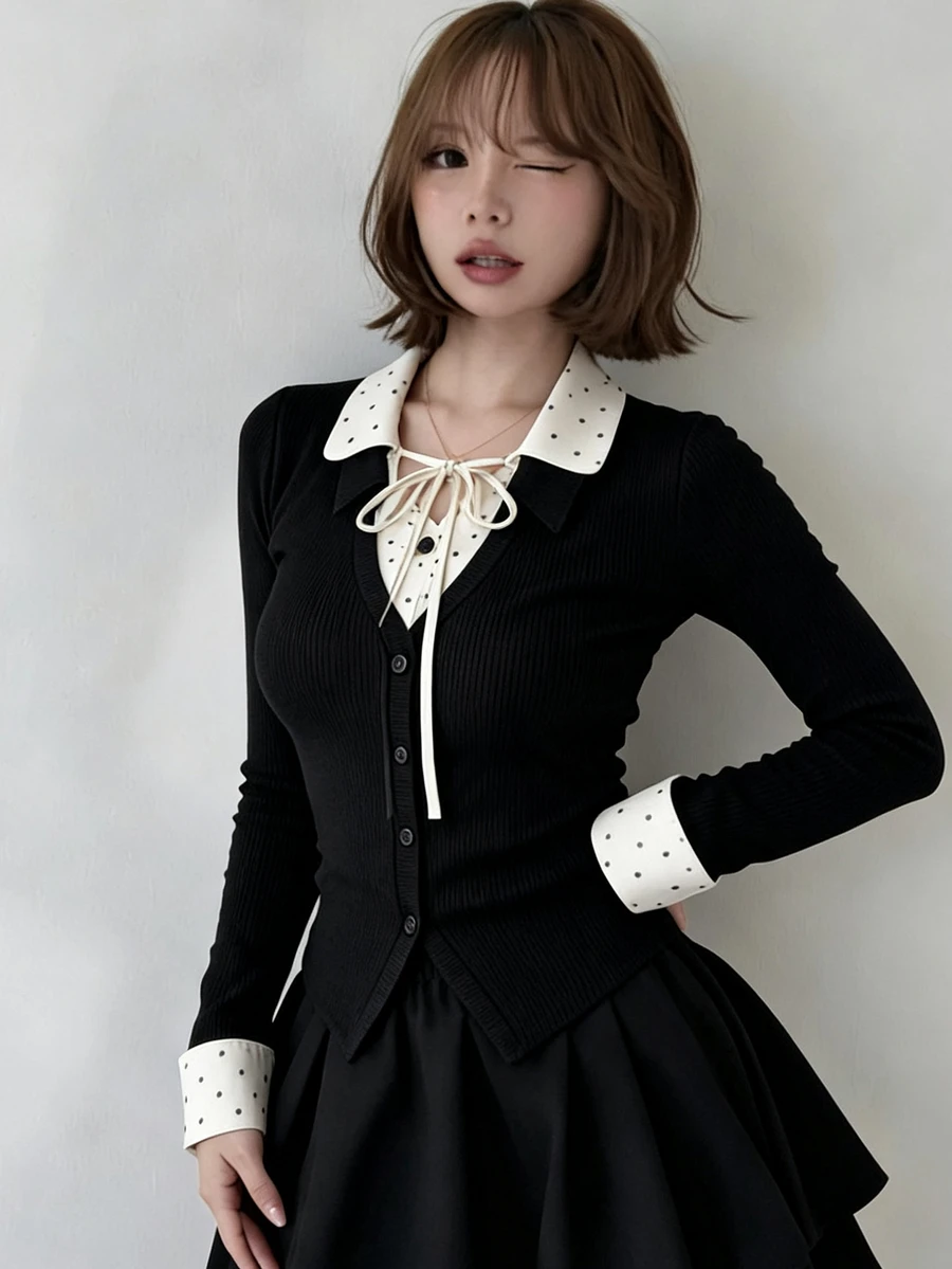 FRIFUL Women's Autumn Patchwork Contrast Color Polka Dot Drawstring Slim Fit Ribbed T-Shirt - Black - View 1