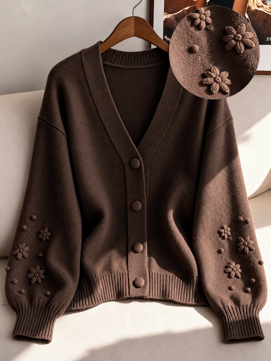 GlowEve CURVE Plus Size Women's New Dark GrayV-Neck Embroidered Decoration Cardigan,Knit Sweater,Fall Winter Sweater Fall Winter 2026 - Brown - View 1