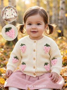 Souflis 嬰兒/幼童開襟毛衣 乳白色粗針編織圓領 3D草莓針織開襟衫 手鉤編粉色草莓裝飾 春季、秋冬 - 白色 - 查看 4