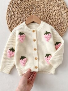 Souflis 嬰兒/幼童開襟毛衣 乳白色粗針編織圓領 3D草莓針織開襟衫 手鉤編粉色草莓裝飾 春季、秋冬 - 白色 - 查看 1