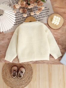 Souflis 嬰兒/幼童開襟毛衣 乳白色粗針編織圓領 3D草莓針織開襟衫 手鉤編粉色草莓裝飾 春季、秋冬 - 白色 - 查看 2