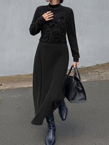 FRIFUL Women's Autumn 2 In 1 Ribbed Long Dress - Black - View 5