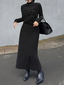 FRIFUL Women's Autumn 2 In 1 Ribbed Long Dress - Black - View 4