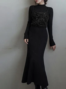 FRIFUL Women's Autumn 2 In 1 Ribbed Long Dress - Black - View 9