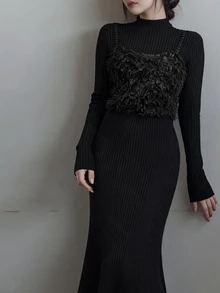 FRIFUL Women's Autumn 2 In 1 Ribbed Long Dress - Black - View 10