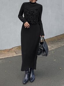 FRIFUL Women's Autumn 2 In 1 Ribbed Long Dress - Black - View 3