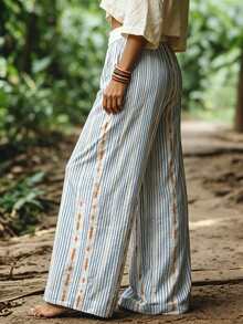 Omancia Cotton Women Casual Boho Holiday Printed Striped Long Pants Holiday Vacation Blue And White Stripe Striped Autumn Vacation - White - View 2