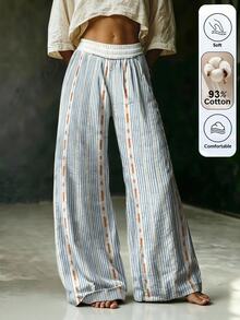 Omancia Cotton Women Casual Boho Holiday Printed Striped Long Pants Holiday Vacation Blue And White Stripe Striped Autumn Vacation - White - View 1