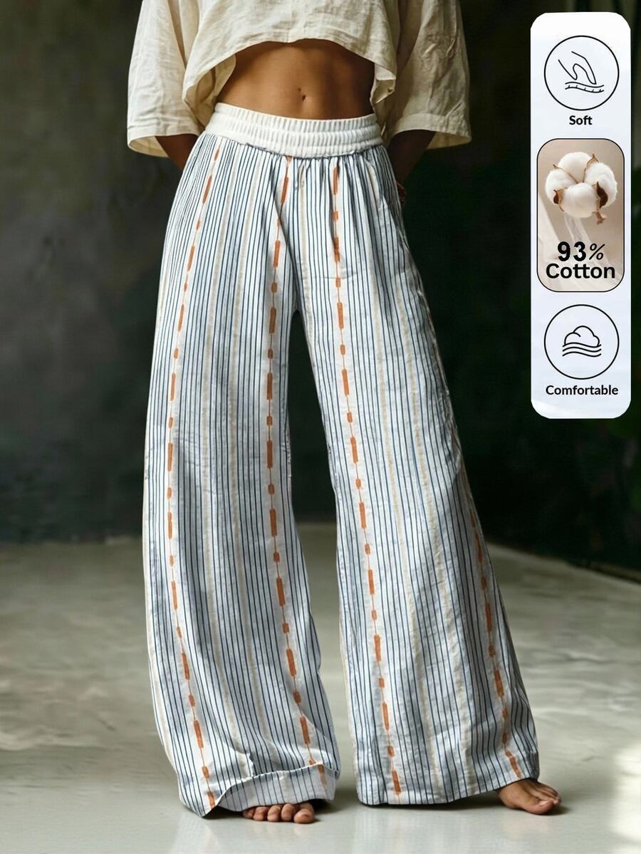 Omancia Cotton Women Casual Boho Holiday Printed Striped Long Pants Holiday Vacation Blue And White Stripe Striped Autumn Vacation - White - View 1