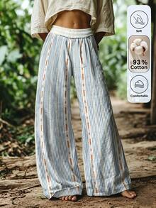 Omancia Cotton Women Casual Boho Holiday Printed Striped Long Pants Holiday Vacation Blue And White Stripe Striped Autumn Vacation - White - View 4