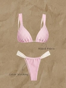 SHEIN Swim 女款春夏提花面料細肩帶比基尼套裝，沙灘俱樂部風，腮紅粉與亮粉色，性感款 - 粉色 - 查看 1
