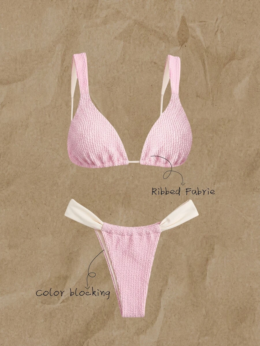 SHEIN Swim 女款春夏提花面料細肩帶比基尼套裝,沙灘俱樂部風,腮紅粉與亮粉色,性感款 - 粉色 - 查看 1