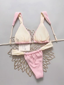 SHEIN Swim 女款春夏提花面料細肩帶比基尼套裝，沙灘俱樂部風，腮紅粉與亮粉色，性感款 - 粉色 - 查看 3