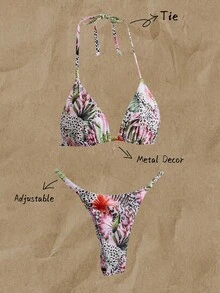 Elavelle Set Pakaian Renang Bikini Seksi Wanita Springbreak Motif Acak dengan Dekorasi Logam dan Model Halter, Pakaian Pantai Musim Panas - MultiWarna - View 1