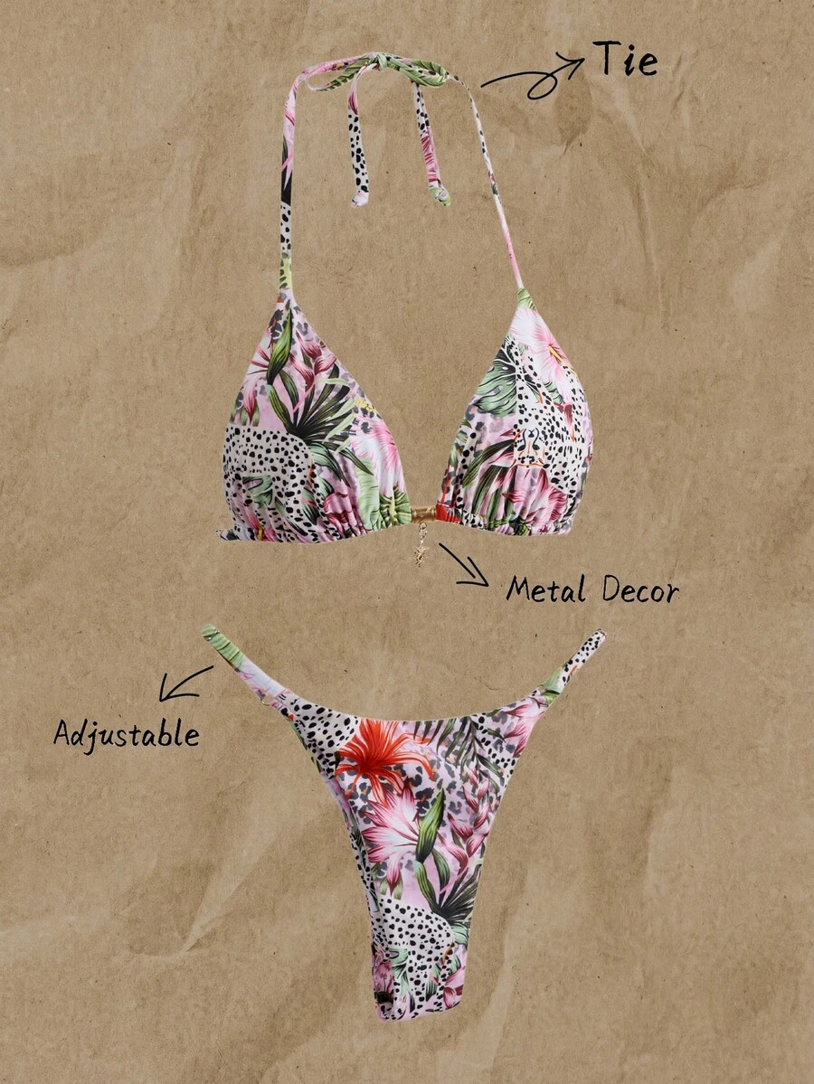 Elavelle Set Pakaian Renang Bikini Seksi Wanita Springbreak Motif Acak dengan Dekorasi Logam dan Model Halter, Pakaian Pantai Musim Panas - MultiWarna - View 1