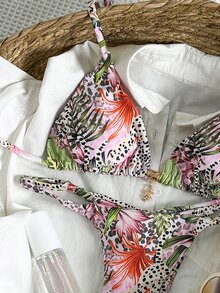 Elavelle Set Pakaian Renang Bikini Seksi Wanita Springbreak Motif Acak dengan Dekorasi Logam dan Model Halter, Pakaian Pantai Musim Panas - MultiWarna - View 5