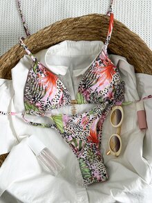 Elavelle Set Pakaian Renang Bikini Seksi Wanita Springbreak Motif Acak dengan Dekorasi Logam dan Model Halter, Pakaian Pantai Musim Panas - MultiWarna - View 2
