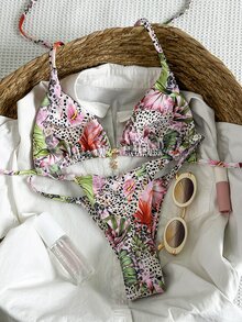 Elavelle Set Pakaian Renang Bikini Seksi Wanita Springbreak Motif Acak dengan Dekorasi Logam dan Model Halter, Pakaian Pantai Musim Panas - MultiWarna - View 3