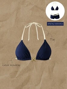 SHEIN Swim Women's Spring/Summer Random Print Halter Bikini Top Beach Pool Party Navy Blue Tropical Active - Multicolor - View 1