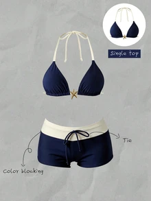 SHEIN Swim Women's Spring/Summer Random Print Halter Bikini Top Beach Pool Party Navy Blue Tropical Active - Multicolor - View 4