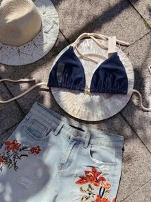 SHEIN Swim Women's Spring/Summer Random Print Halter Bikini Top Beach Pool Party Navy Blue Tropical Active - Multicolor - View 3
