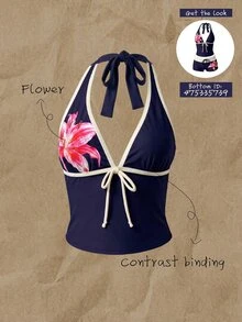 Elavelle 女士春夏蝴蝶结细肩带印花比基尼上衣 - 彩色 - 查看 1